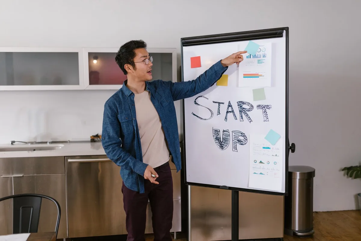 Équipe startup travaillant sur un business model canvas en réunion de lancement