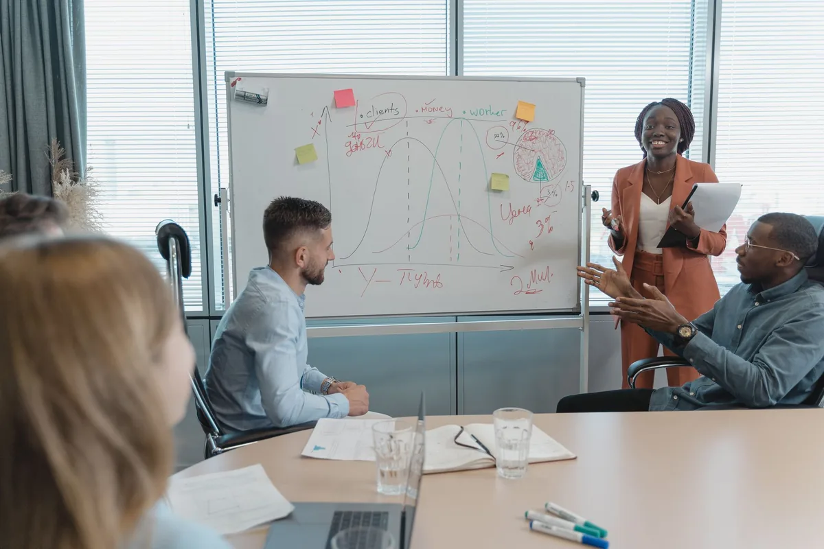 Équipe en réunion stratégique devant un tableau blanc avec des post-it de planification