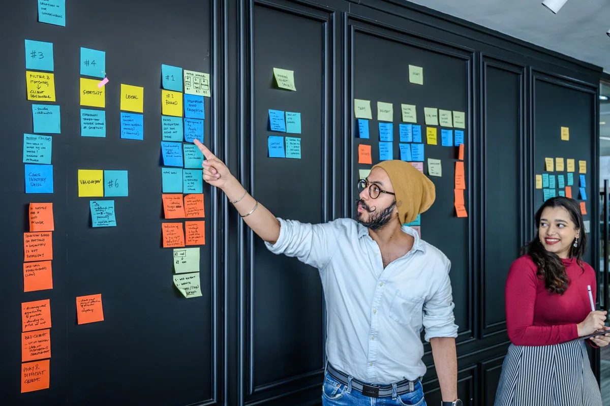 Équipe qui brainstorme des idées de produits avec des post-it colorés sur un tableau blanc